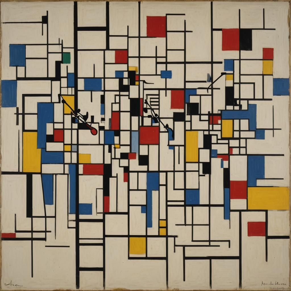Art by Piet Mondrian, a lively jazz club, geometric abstract...