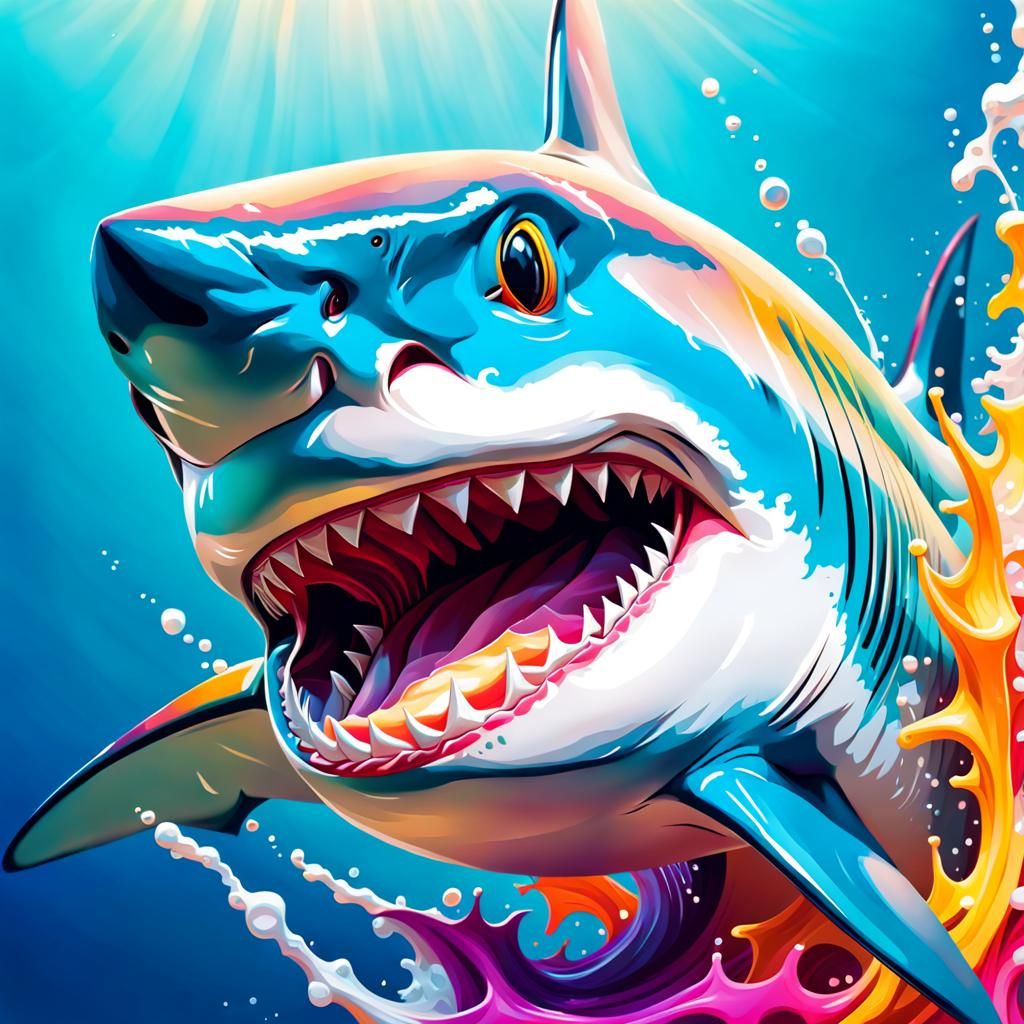 closeup portrait face of a shark smiling, abstract art complementary colors fine details Hyperrealistic, splash art, con...