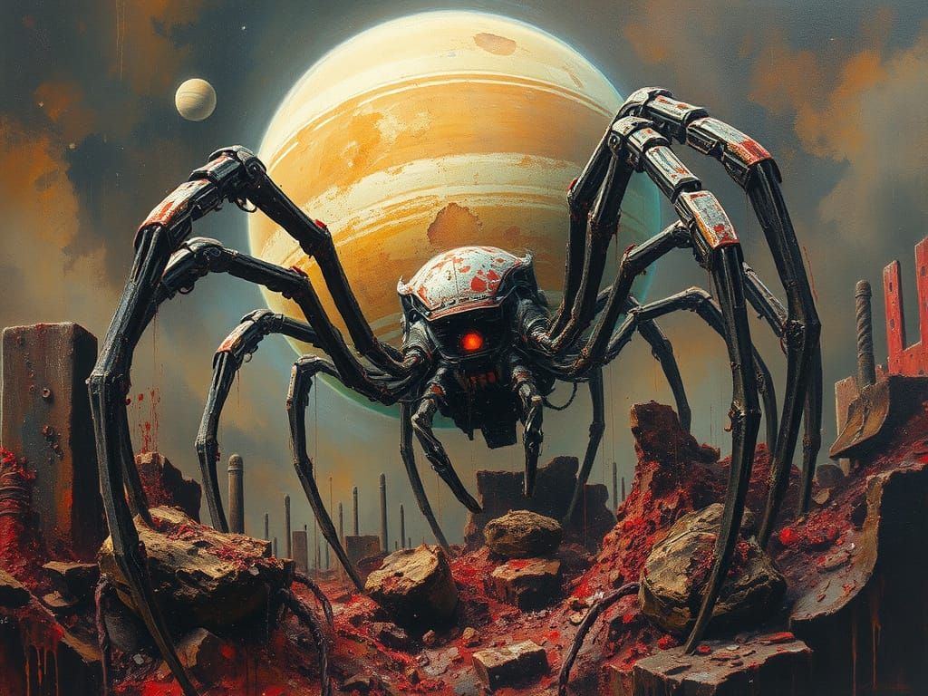 Giant Mechanical Spiders Engulf Saturn in a Bloody War