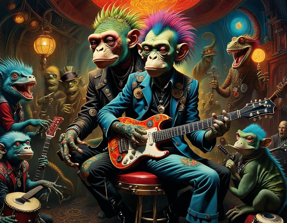 Psychedelic Steampunk Lizard-Monkeys Band in a Club