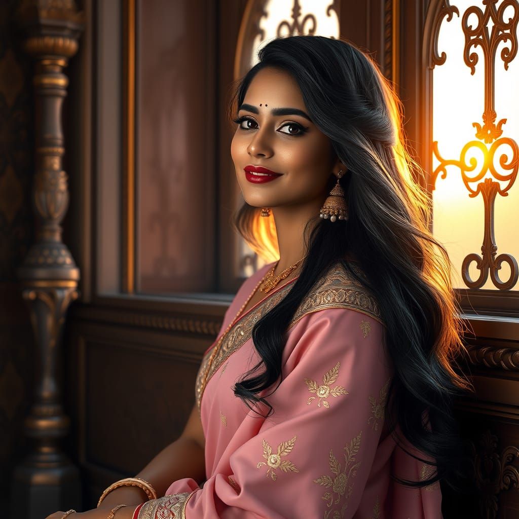 Elegant Indian Woman in Saree, Hyper-Realistic Digital Art