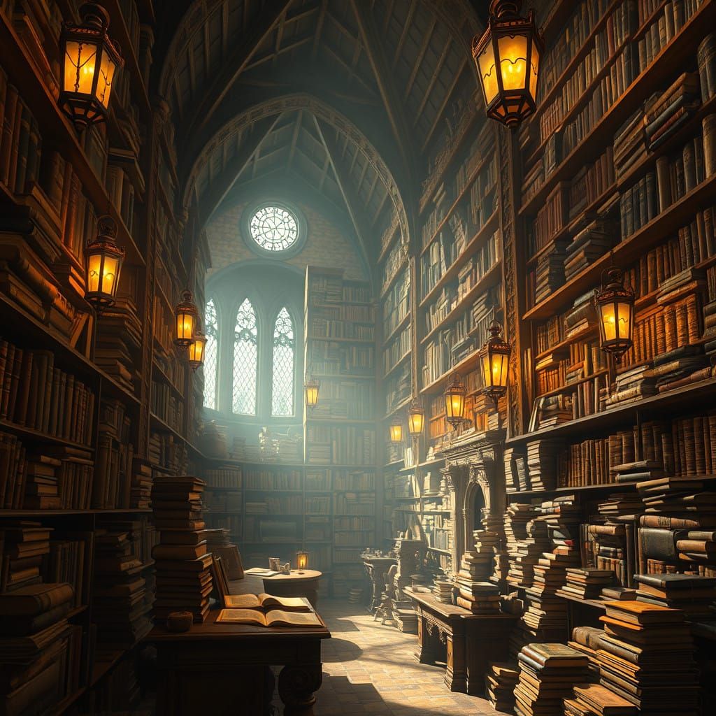 Enchanted Bookshop with Ancient Tomes and Mystical Manuscrip...