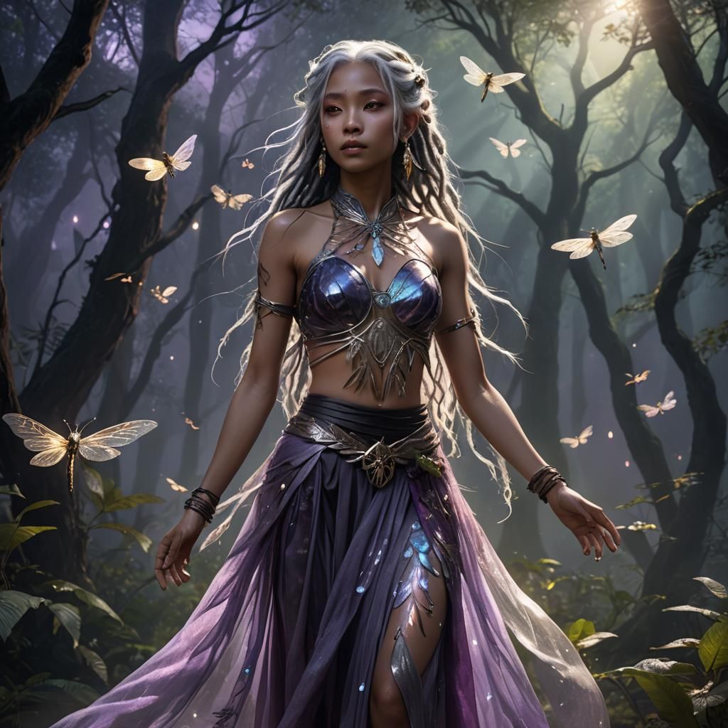 Kalashtar Woman in Moonlit Forest, Art Nouveau Style