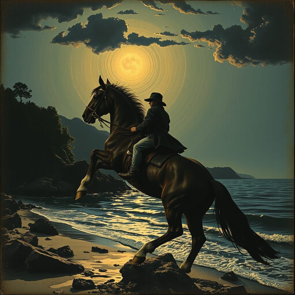 Paul Revere Rides at Night in Stark Eldritch Art Nouveau Sty...