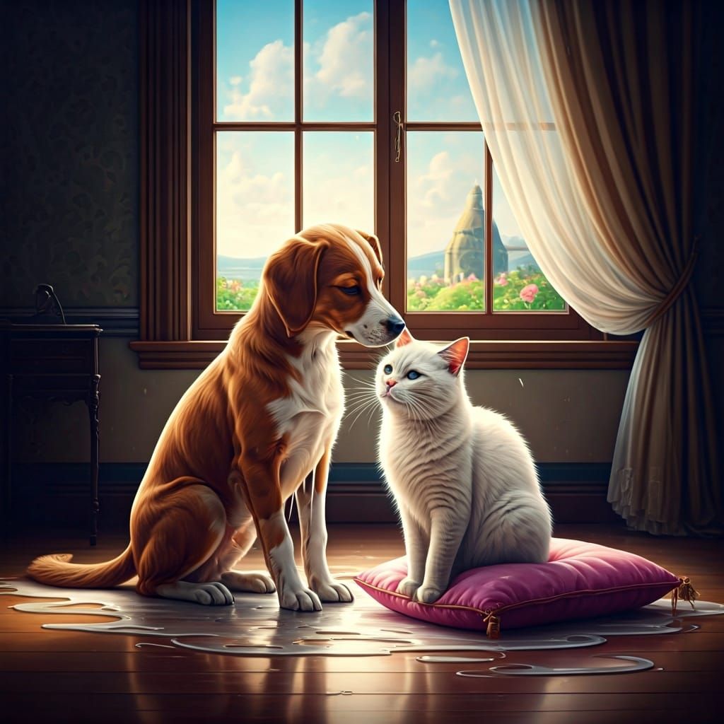 Dog and Cat Melting into Goo: Cinematic Still