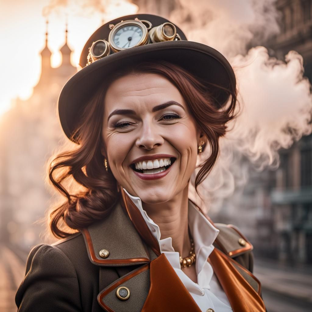 Laughing Woman Portrait in Steampunk Style