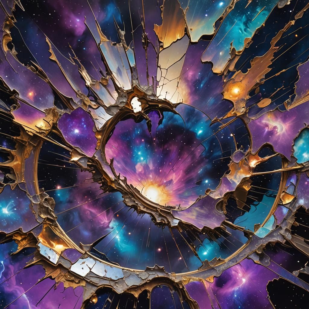 Surreal Cosmic Landscape with Galactic Mirror Shards