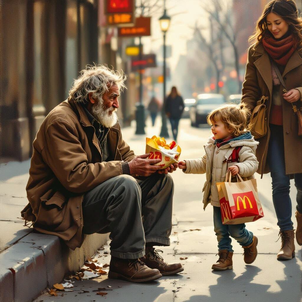 Homeless Man Receives Food From Child in Realistic Painting