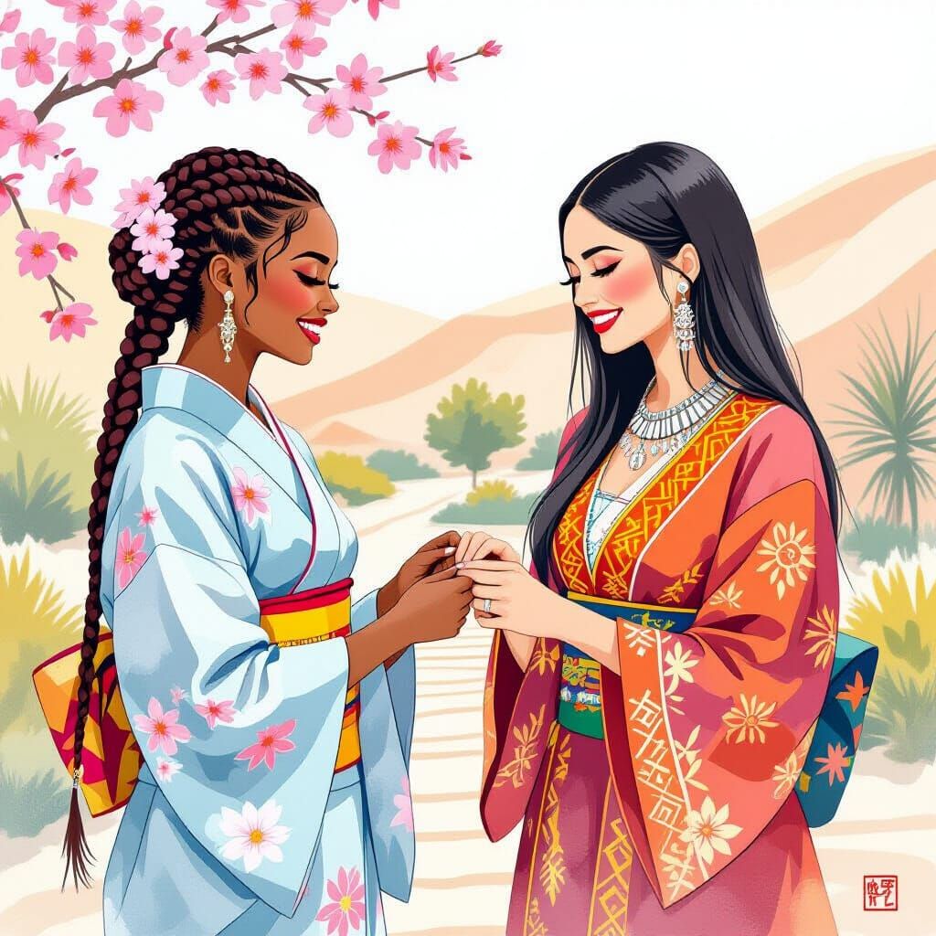 Cultural Exchange: Women in Kimono and Kabyle Dress as Water...