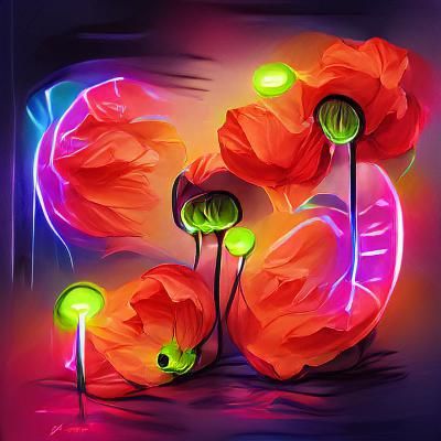 Glowing Neon Poppies Colorful Illustration