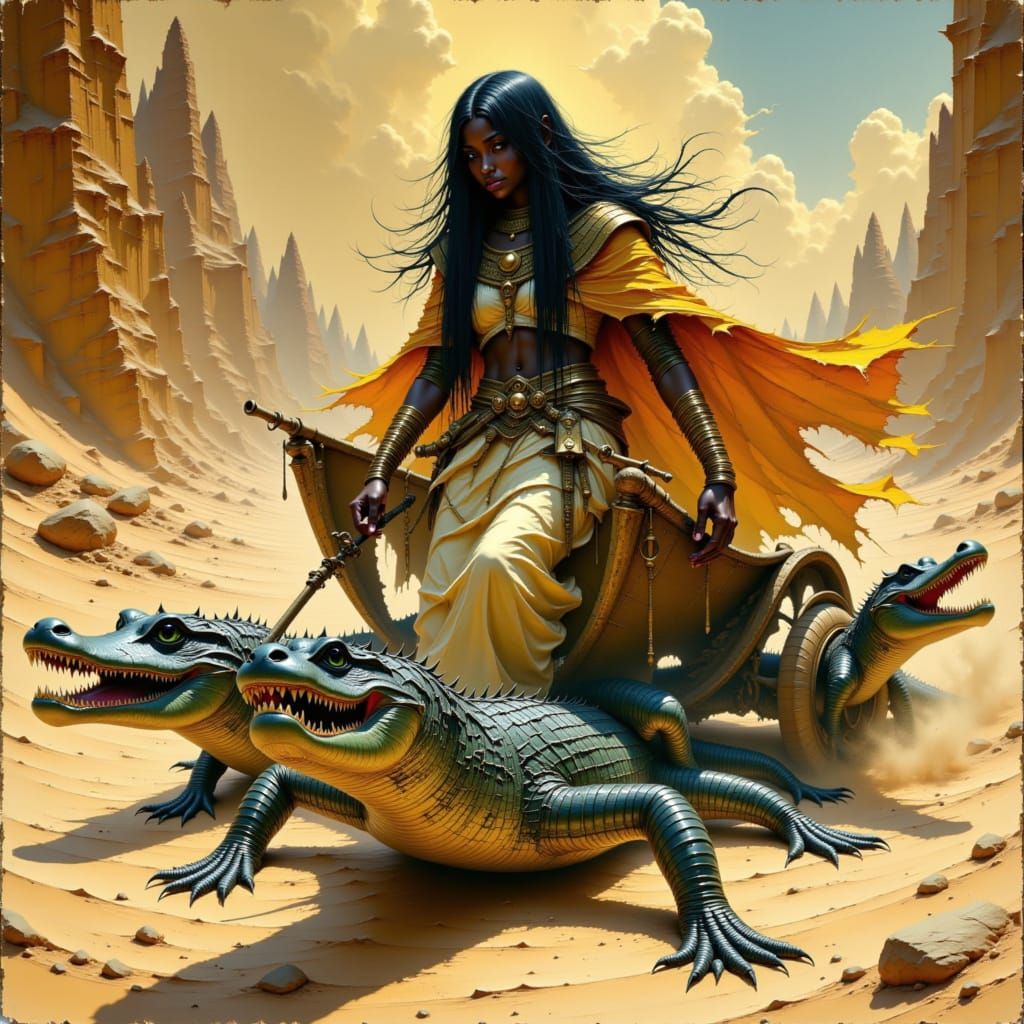 Akhekh Pulls Chariot Across Desert Dunes