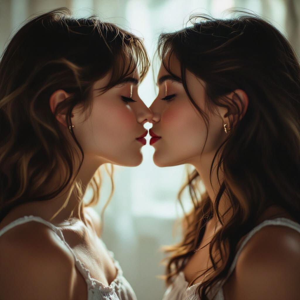 Teenage Girls Share Tender Kiss in Cinematic Lighting