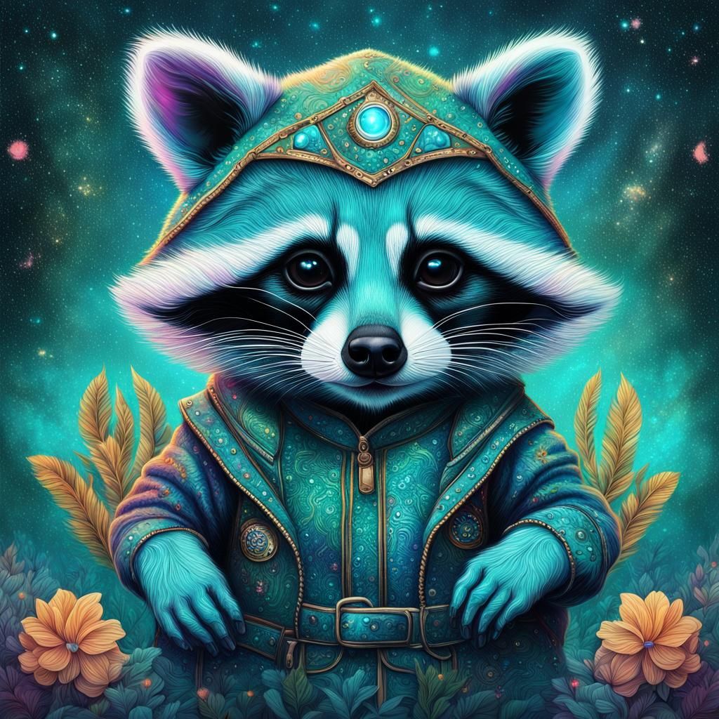 Turquoise Baby Raccoon in Cosmic Astral Illustration