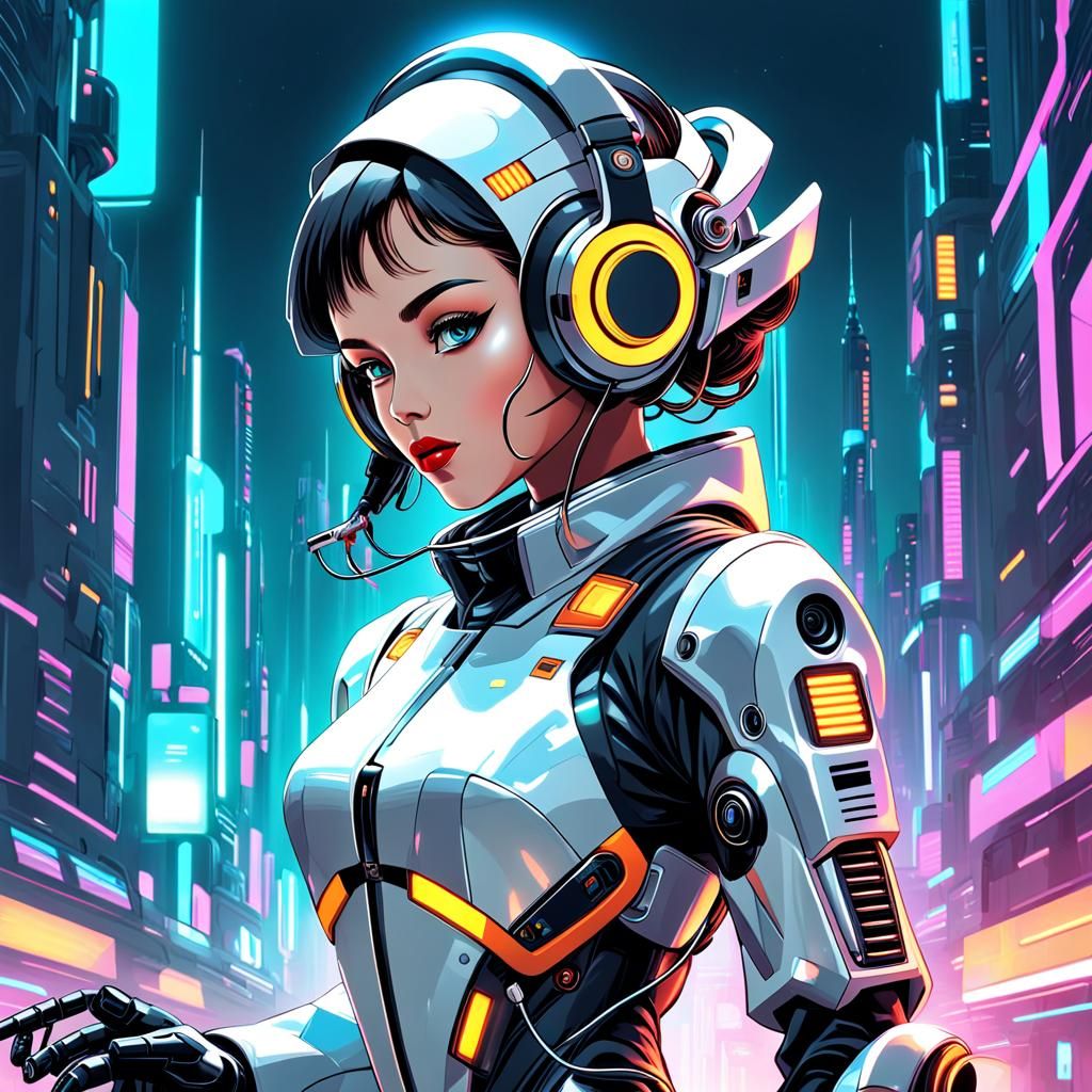 Retro Cyberpunk Woman in Robotic Suit Illustration