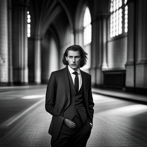 Kafkaesque Man in Prague Cathedral: Hyperrealistic Image