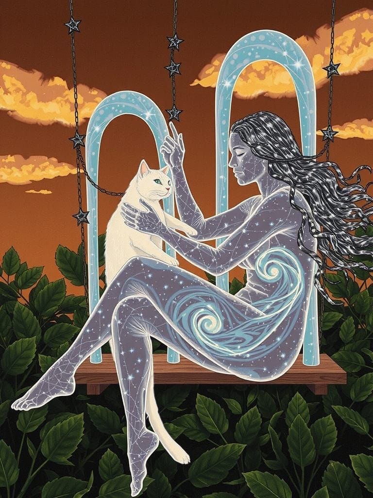 Transparent Woman With Star Hair Holds Cat Amidst Plasma Por...