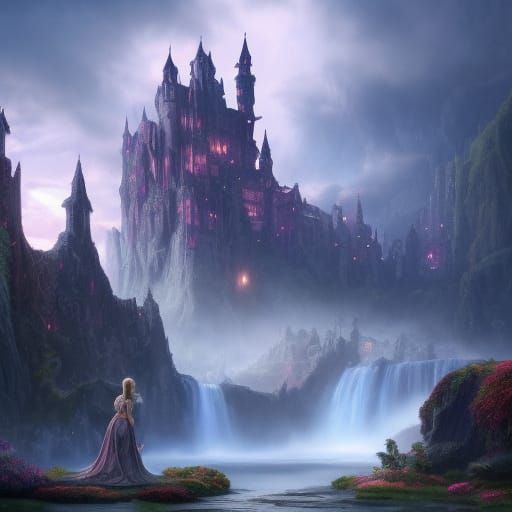Fantasy Castle with Princess and Beast: Digital Art