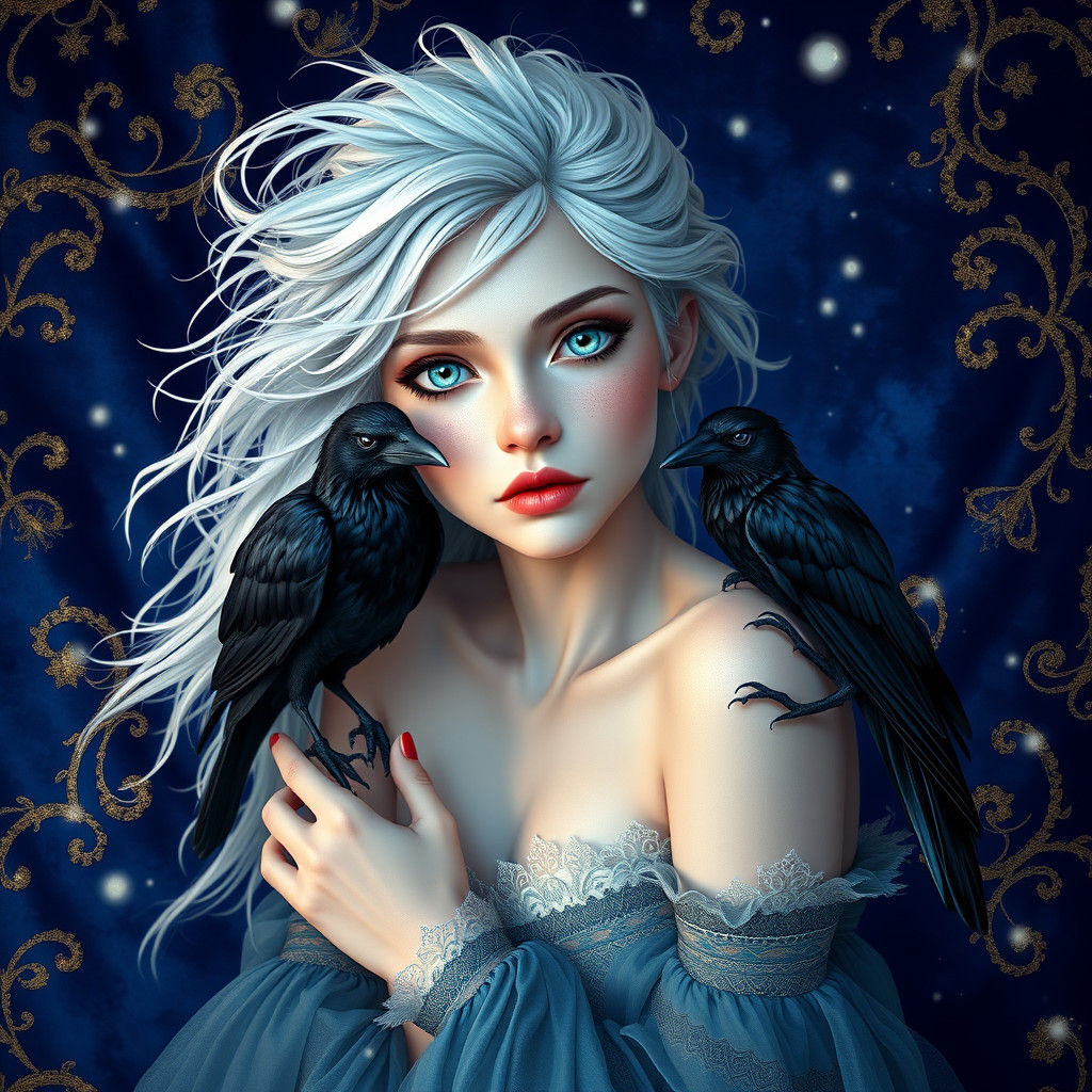 Ethereal Woman with Crow in Fantasy Art Style