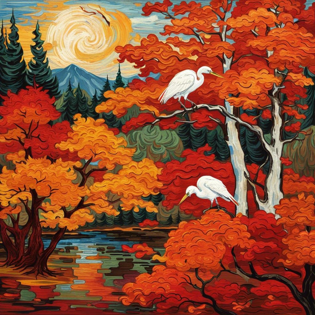 Autumn Foliage with Egrets in Van Gogh Style