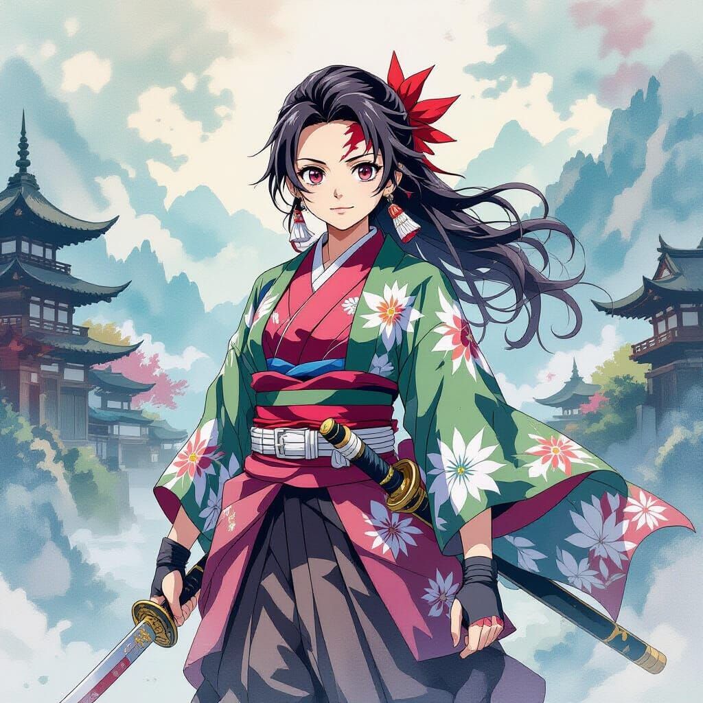 Tsuyuri Kanao in Mystical Landscape, Watercolor Style