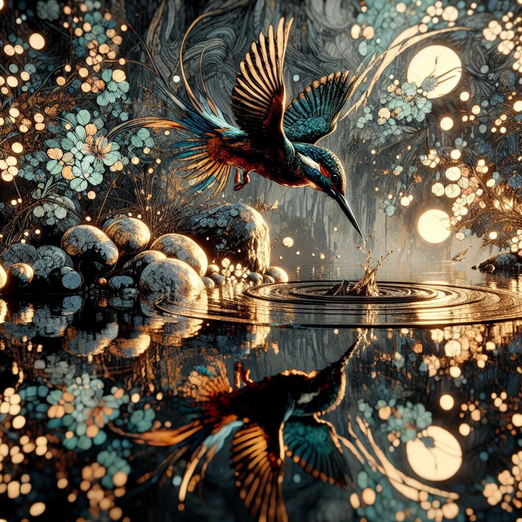 Kingfisher Dive: A 3D Rendered Fine Art Illustration