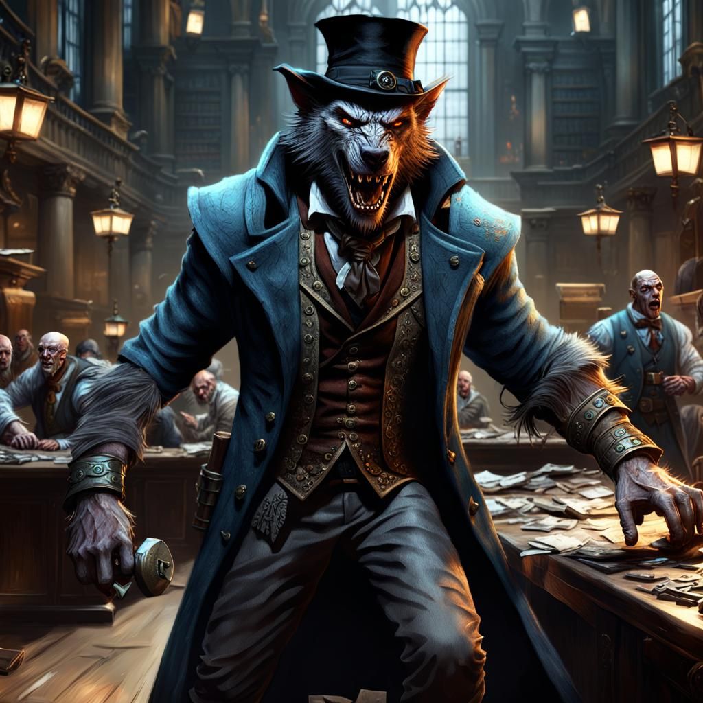 Werewolf Businessman on Stock Exchange in Dark Fantasy Art