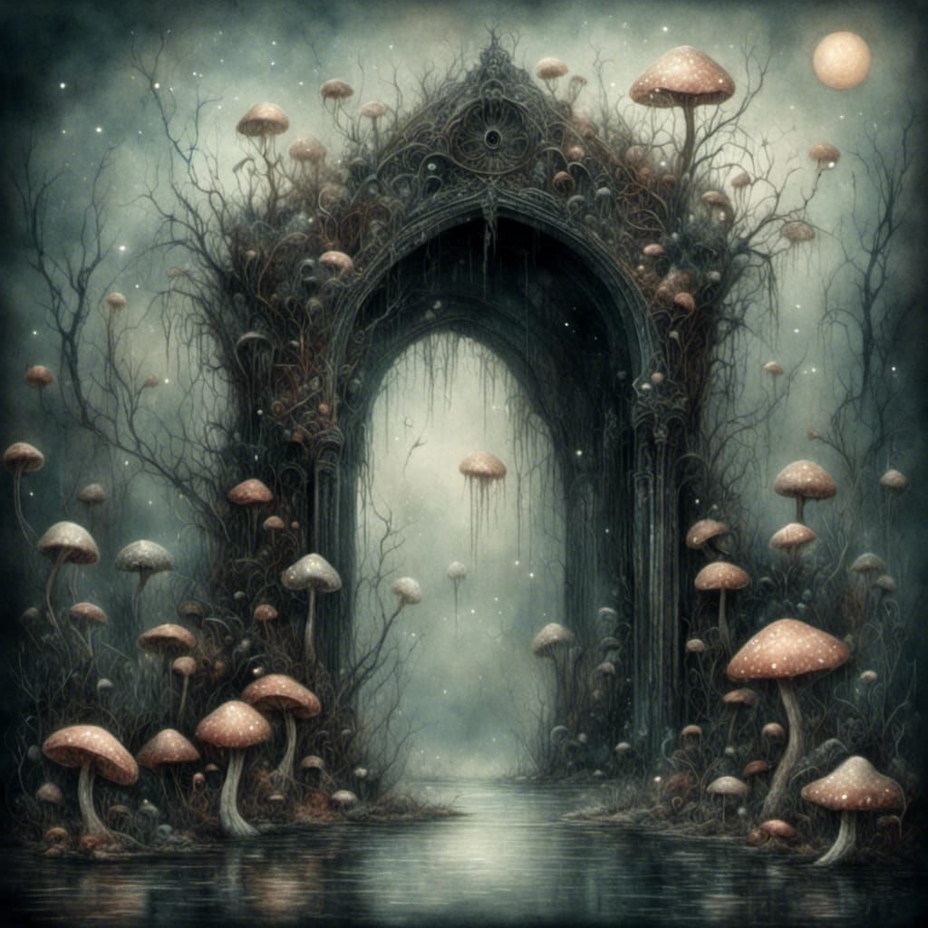 Surreal Dreamscape with Glowing Orbs in Art Nouveau Style