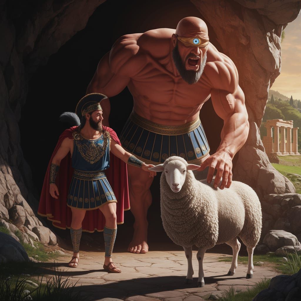 Greek Explorer and Cyclops in Ancient Ruins