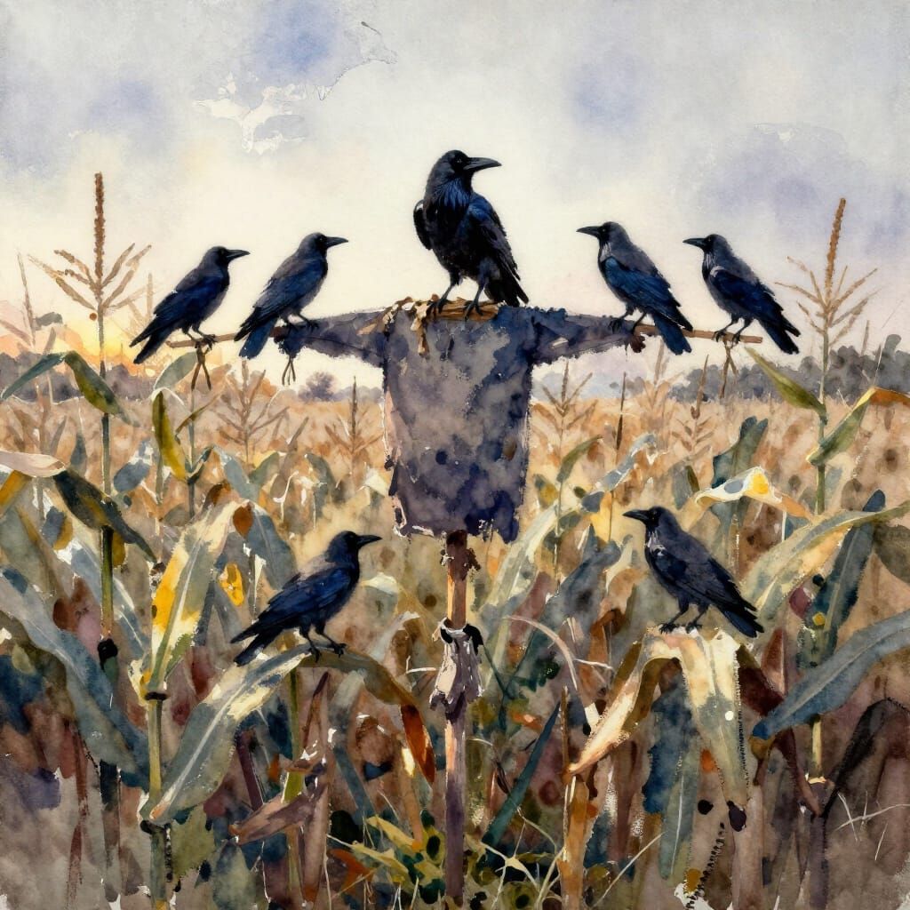 Crows on Scarecrow in Cornfield at Dusk Watercolor