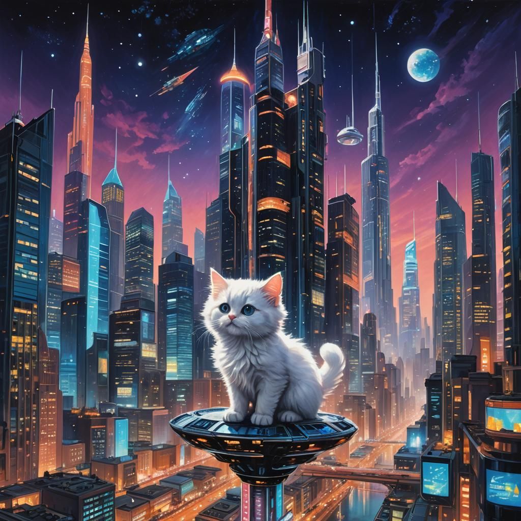 Neon Cityscape with Kitten in Retro Sci-Fi Style