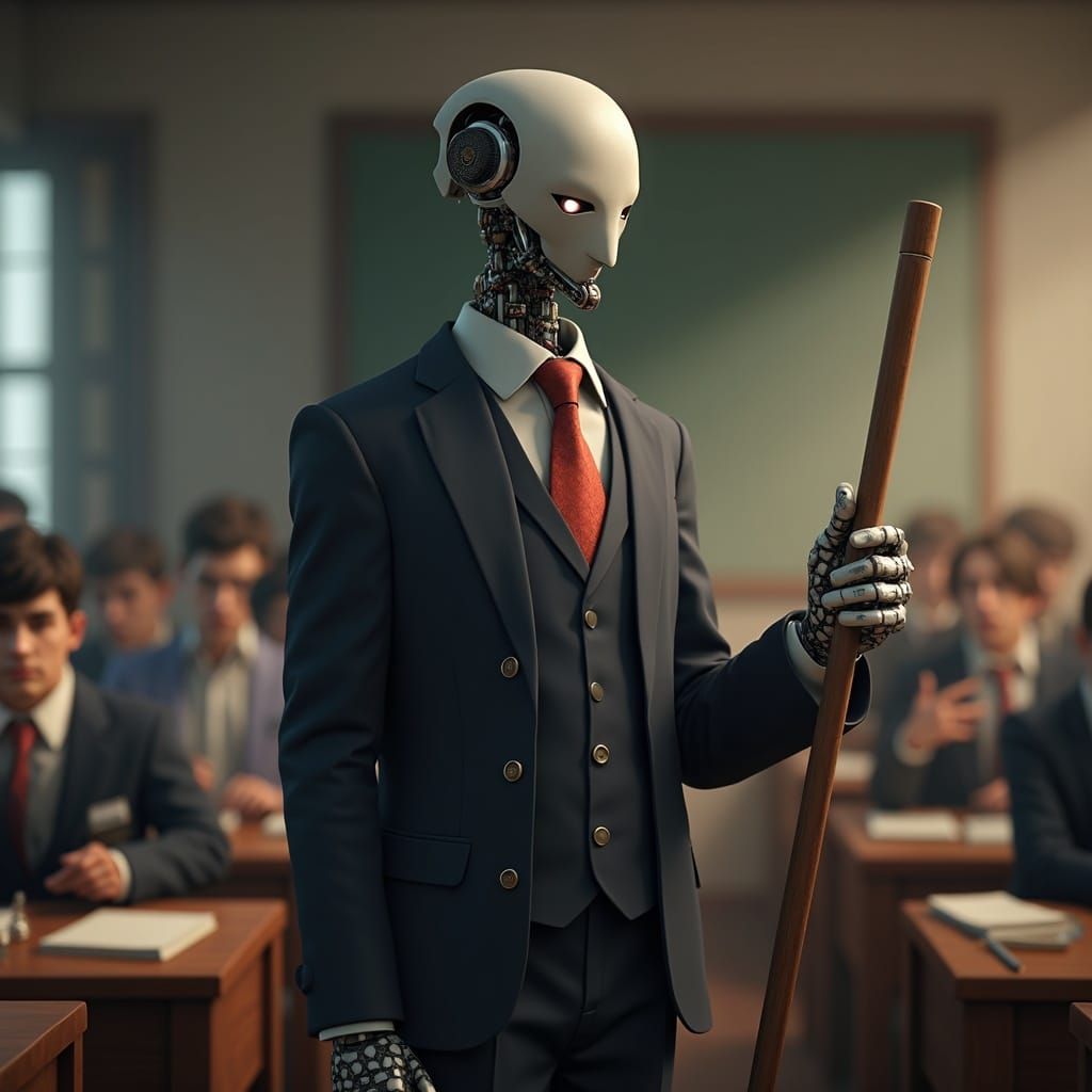 Stern Robot Teacher with Riding Crop in Anime Classroom