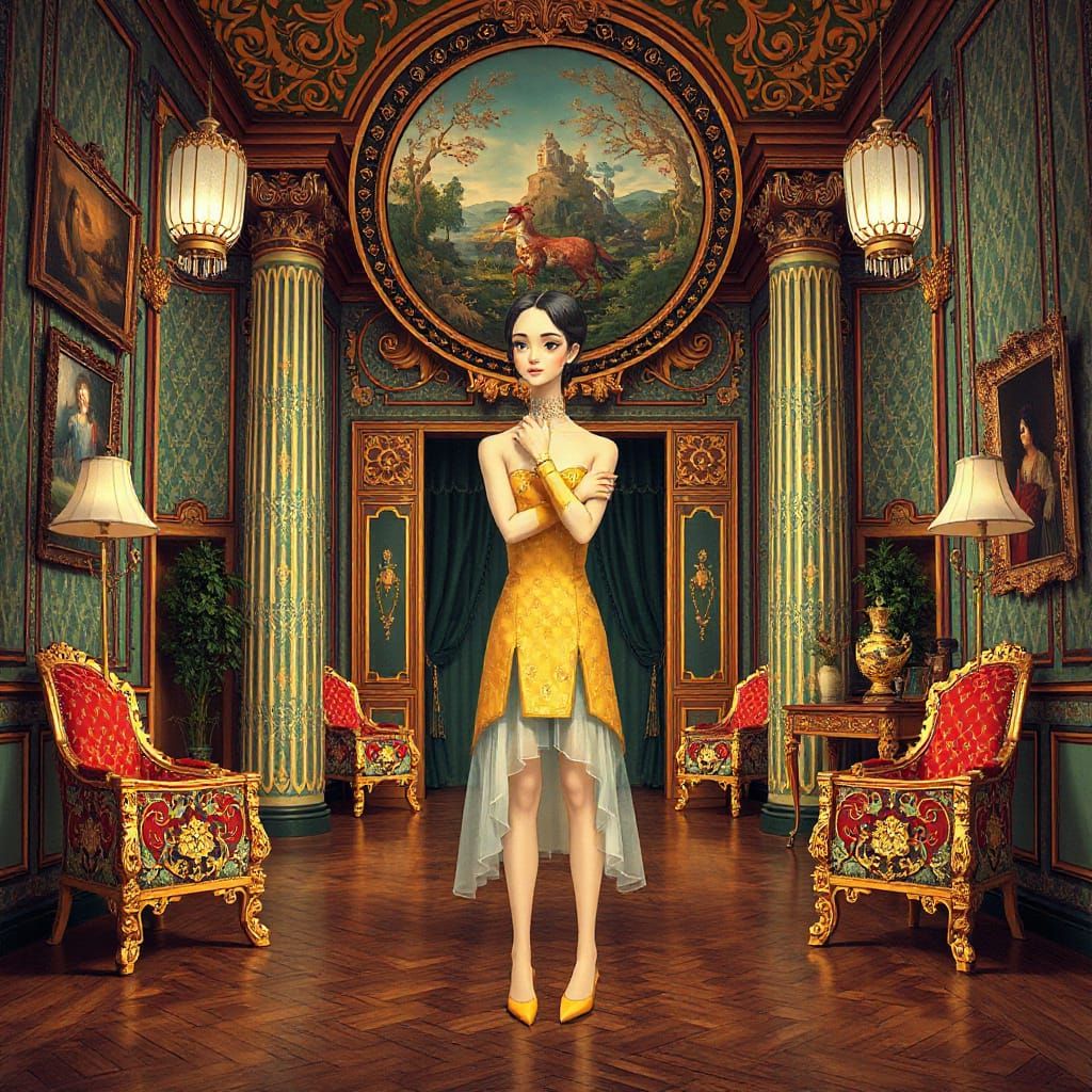 Elegant Figure in Ornate Hall, Art Nouveau Style