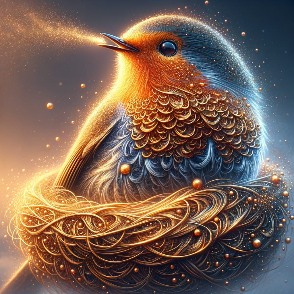 Proud Robin Poses with Sparkly Gold Nest