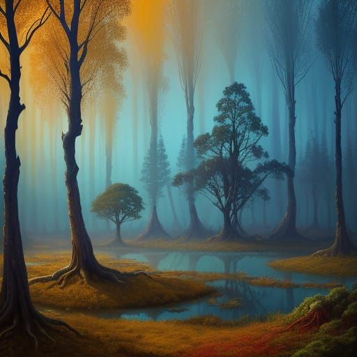 Surreal Teddy Bear Lost in Mystical Forest