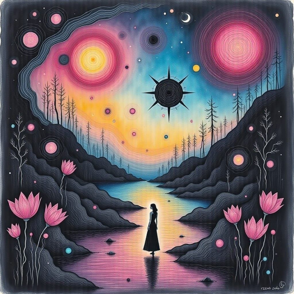 Mystical Dreamscape: Woman in Black and White Etching