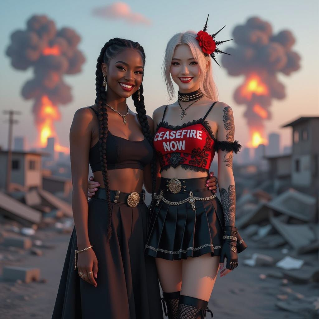 Women in Gothic Fashion Stand Against War, Photo Realistic S...