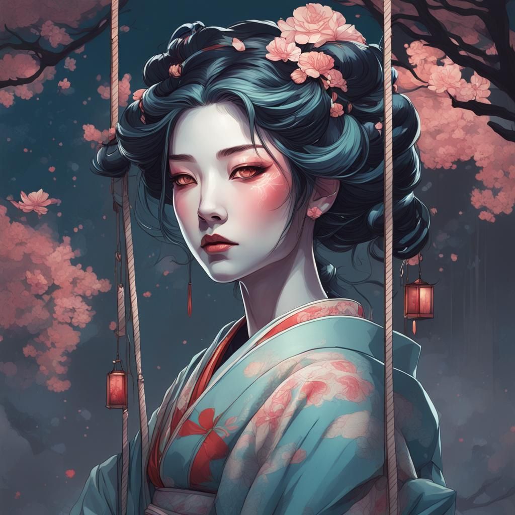 geisha_on a swing_moonlight
