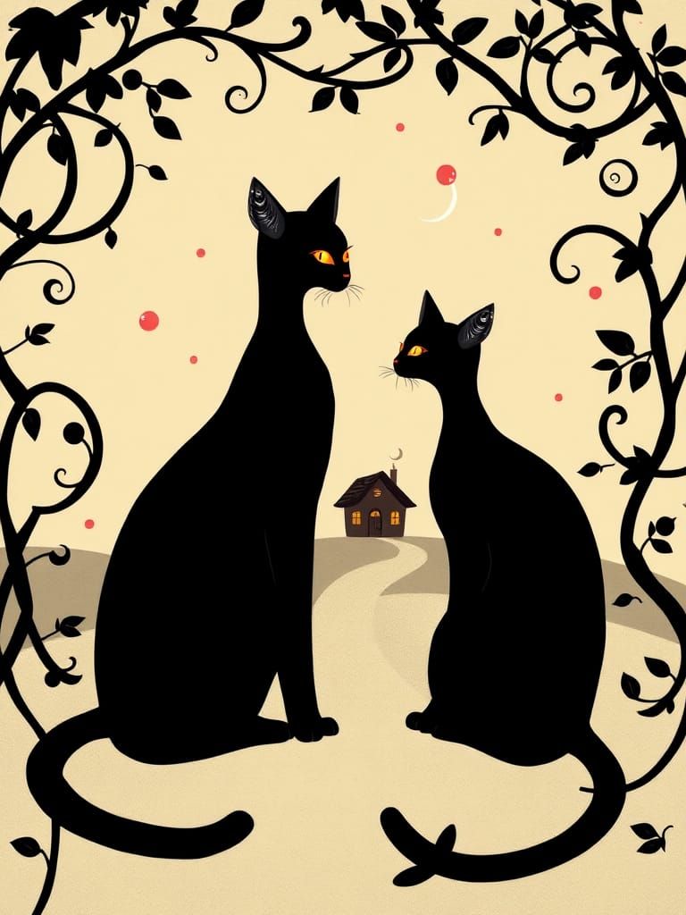 Two Black Cats Converse in Mystical Landscape