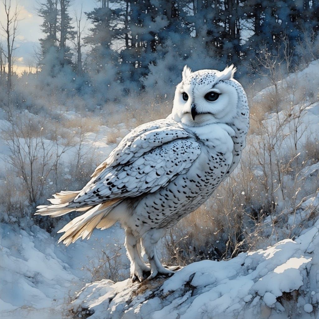 Majestic White Owl on Frosty Grass in 3D Style