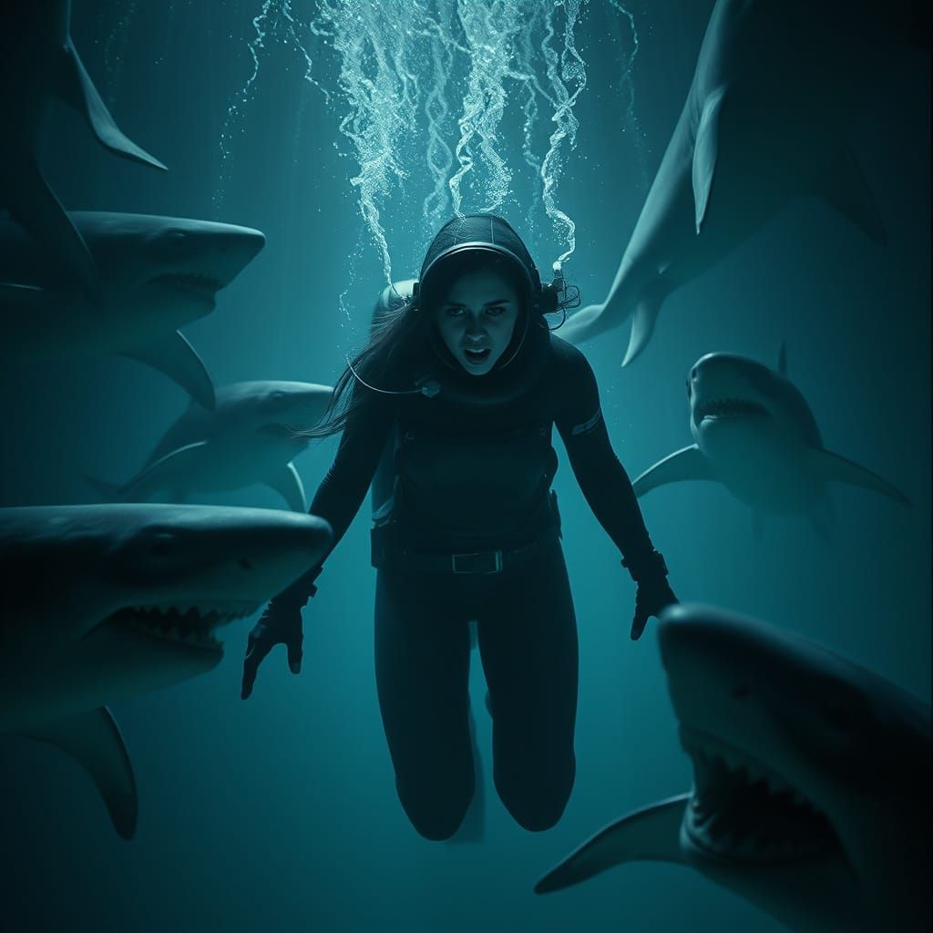 Distressed Diver Surrounded by Sharks in Dark Biomechanical ...