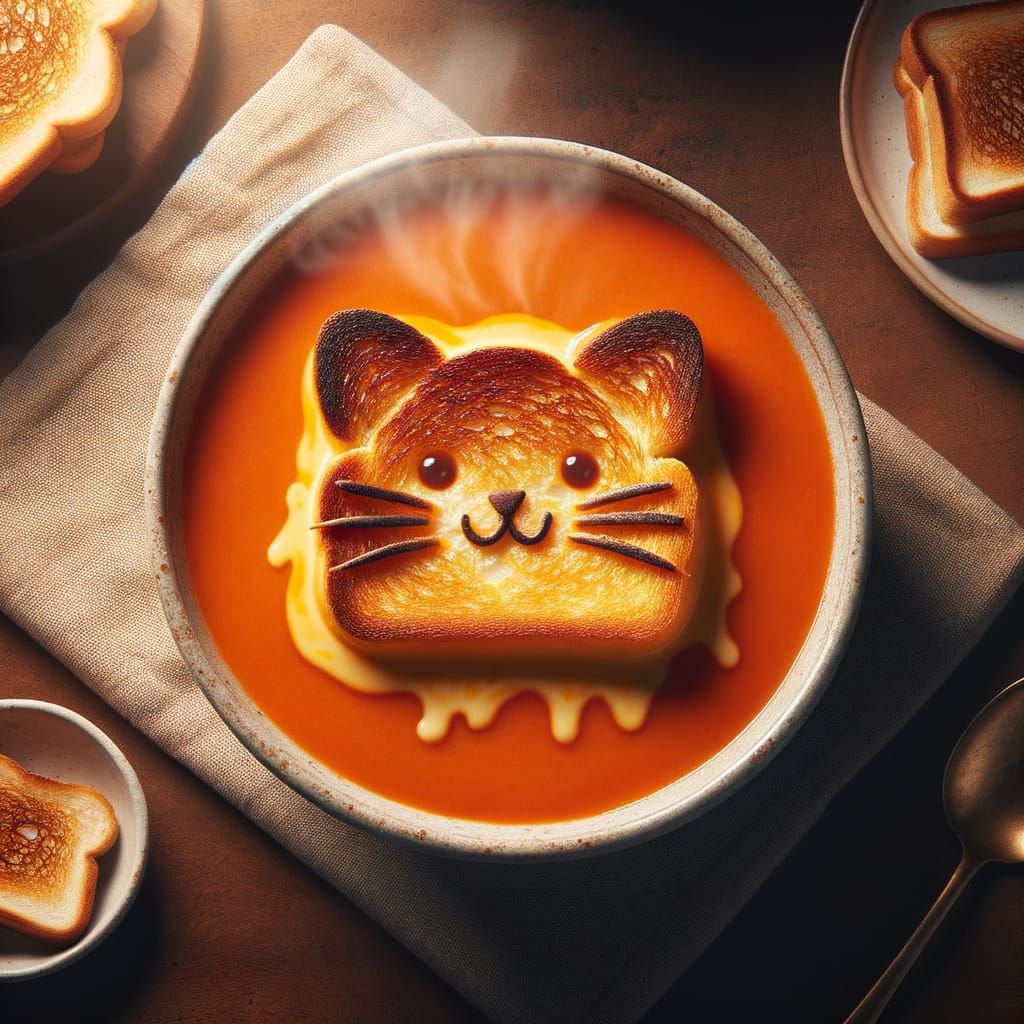 Tomato Soup with Cat-Shaped Grilled Cheese Sandwich