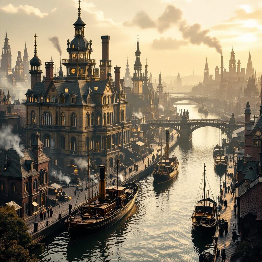 Victorian Steampunk Cityscape With Golden Light