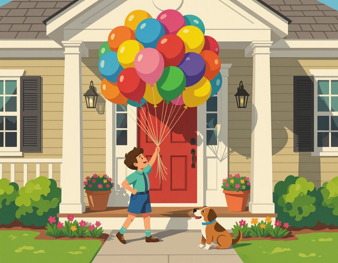 Boy Delivers Balloons: Fine Art Painting