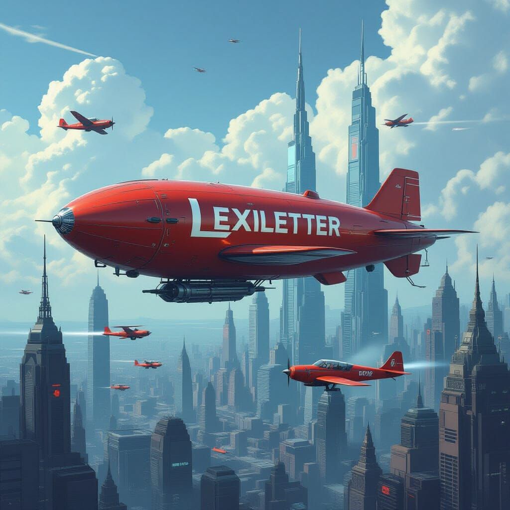 Retrofuturist Airship Over Dystopian Cityscape in 1960s Styl...