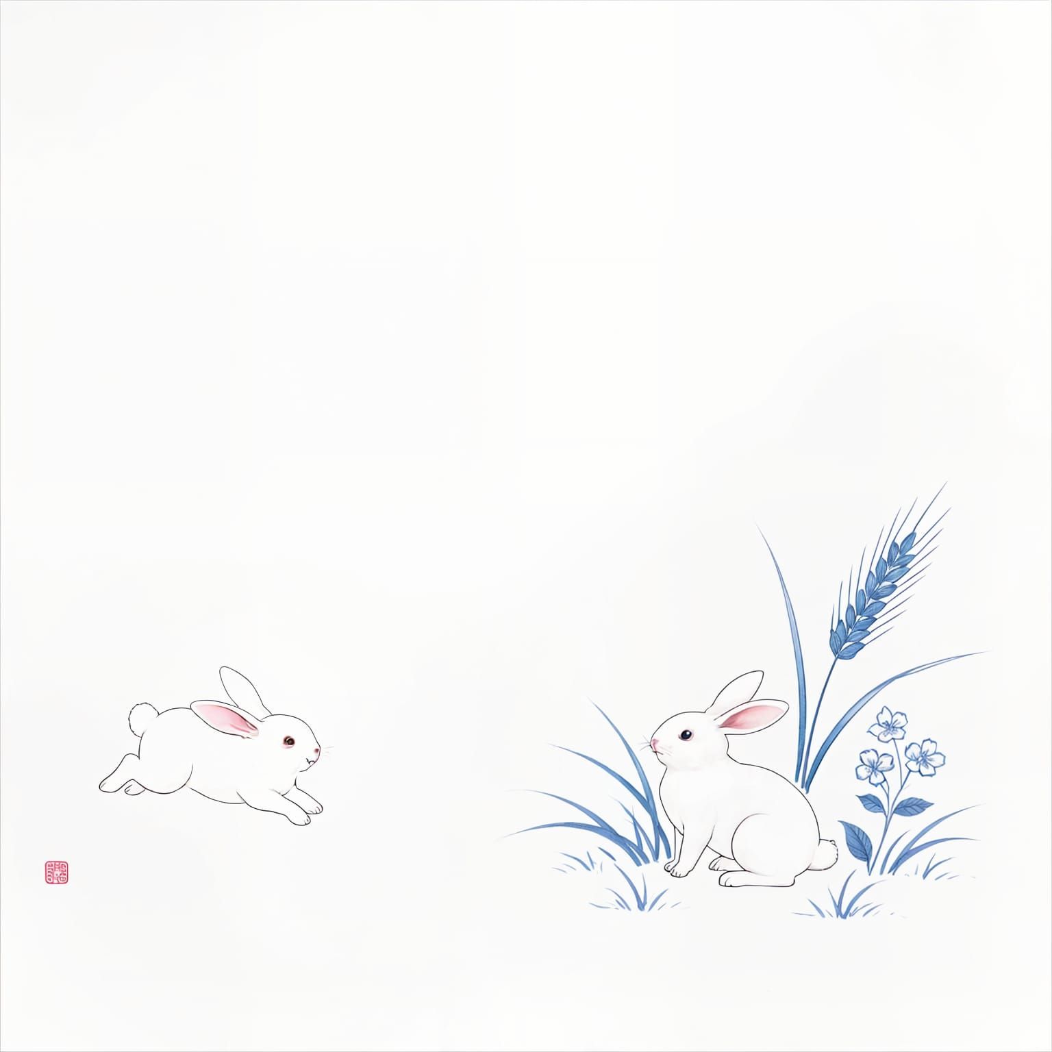Chinese Porcelain Painting of Rabbits in Motion