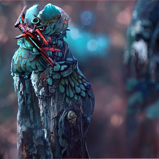 Steel Samurai Bird in Overgrown Forest City