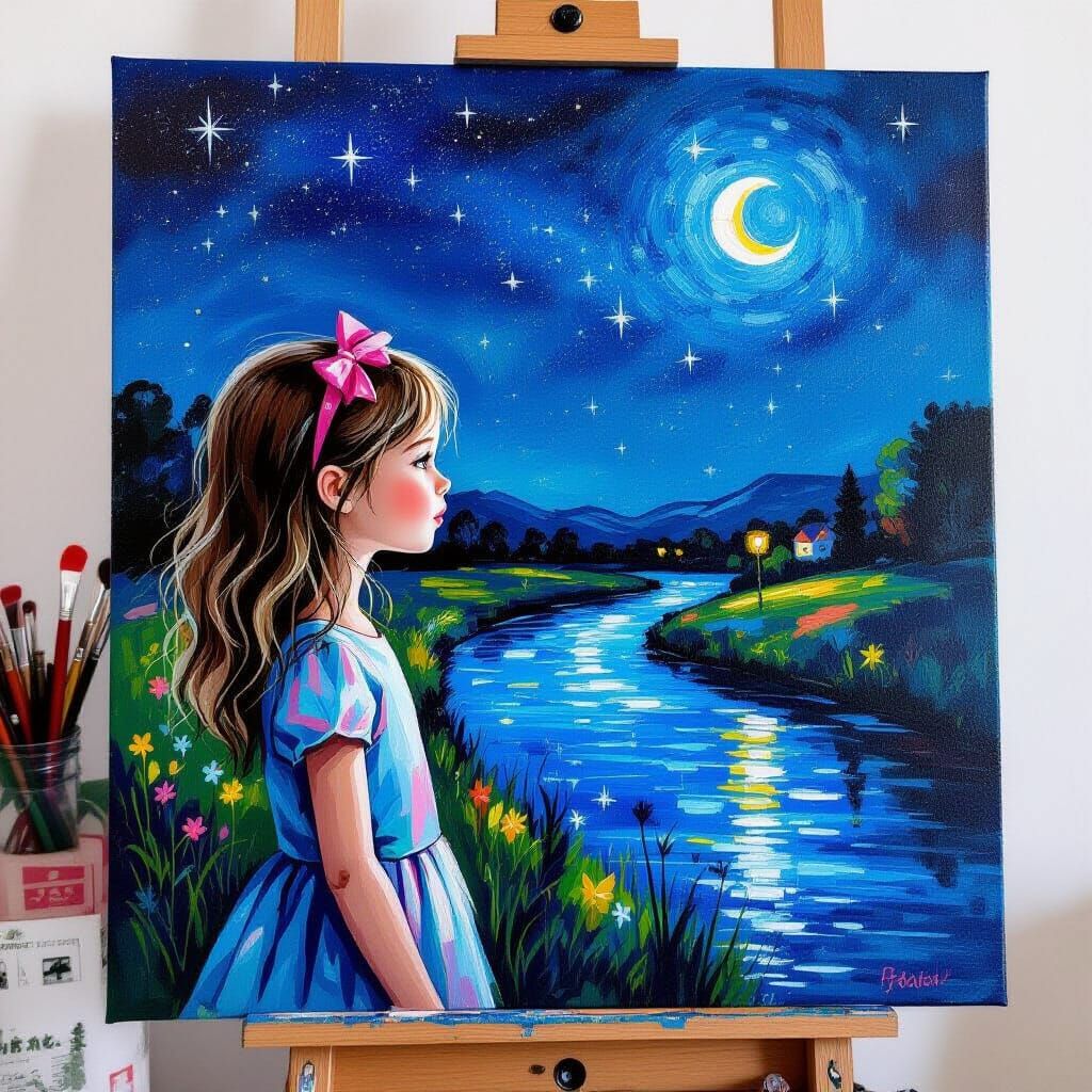 Girl with Pink Eyes in Starry Night, Impasto Painting
