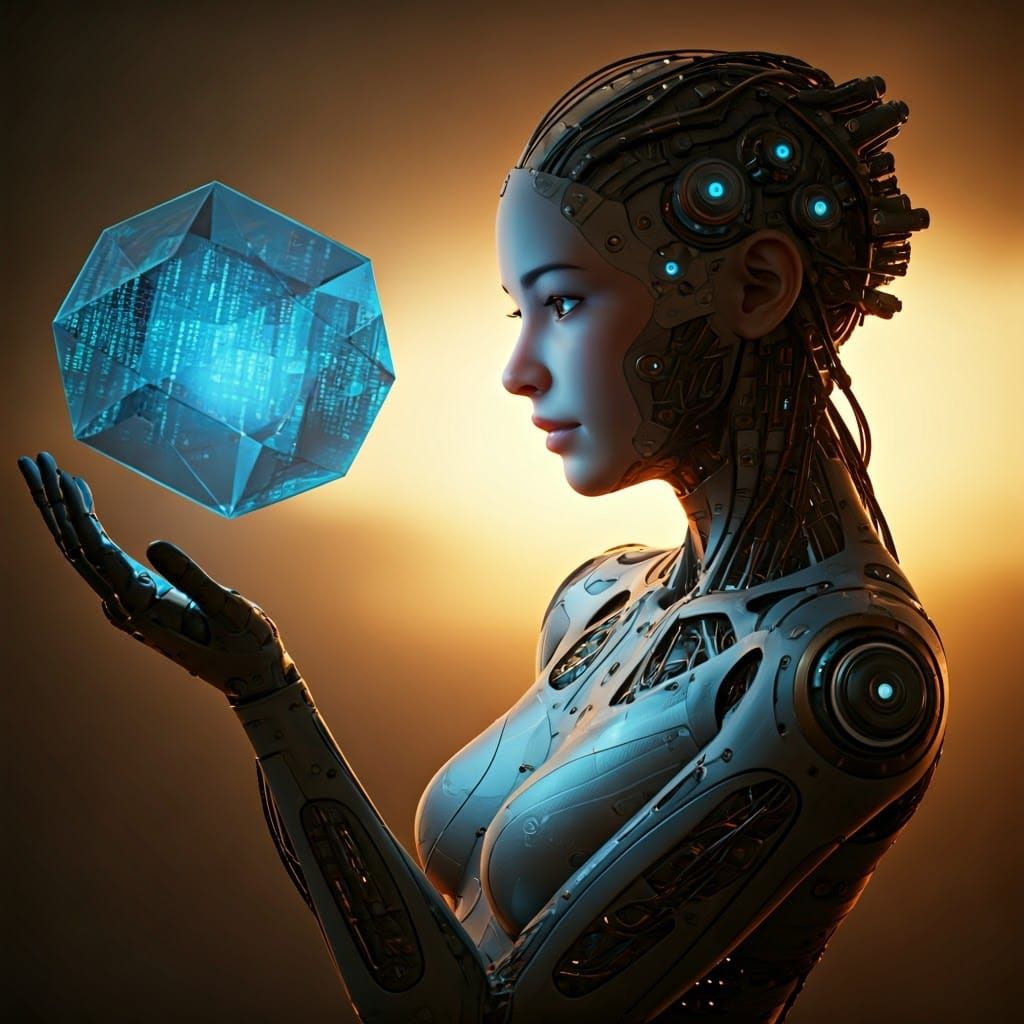 Cyborg Girl Contemplating Octahedron in Photorealistic Style