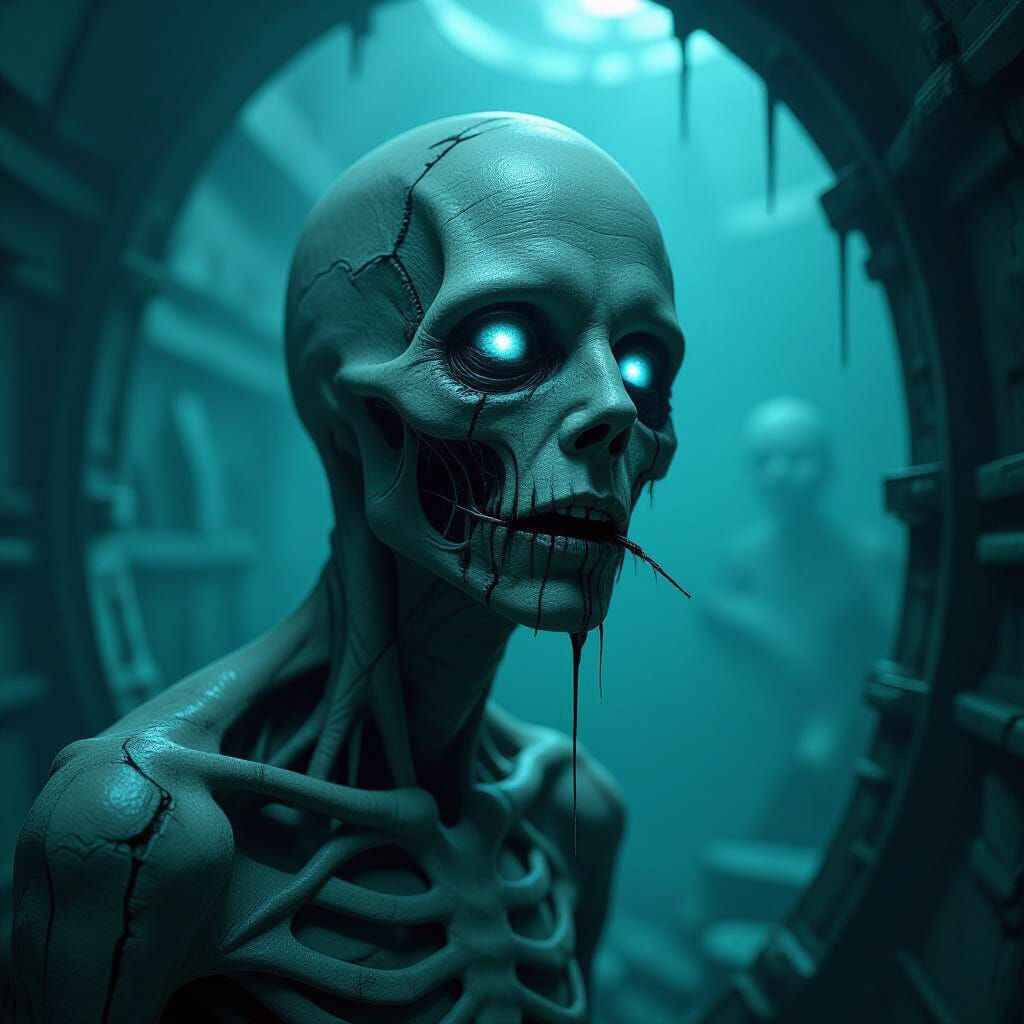 Disturbing Eyeless Creature in Biomechanical Horror Chamber