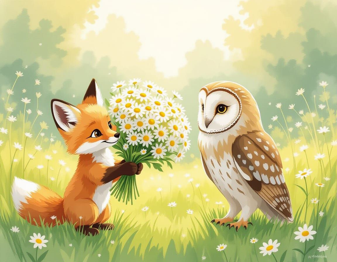 Fox Cub Offers Daisies to Wise Owl in Pastel Watercolor Styl...